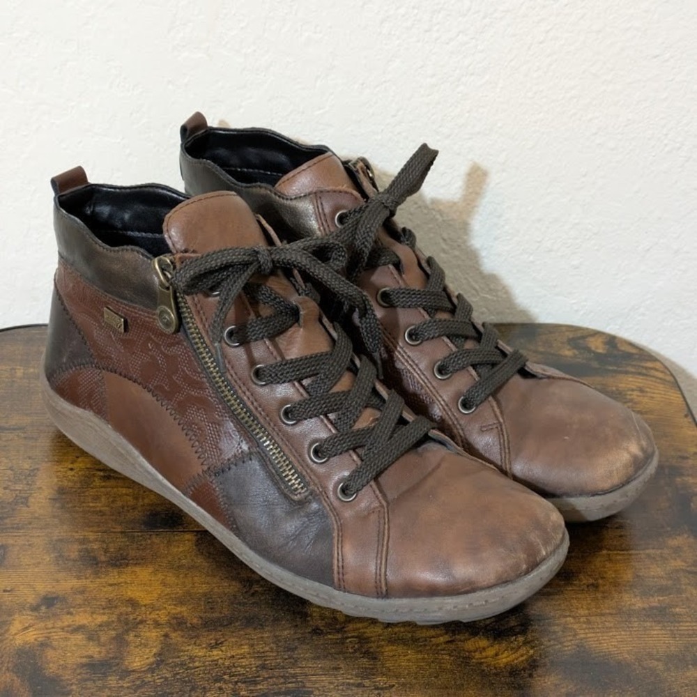 Remonte Liv R1467 Leather Patchwork Ankle Boots Side Zip Women's 11 Brown‎